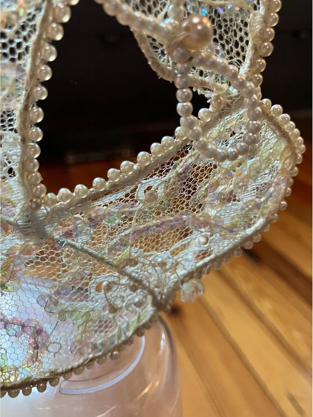 Vintage 1940/50s Pearl Lace Bridal Crown Headpiece Wired Juliet Cap Tiara Ivory